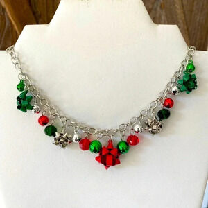 Handmade Christmas Charms Silver Tone Holiday Statement Necklace